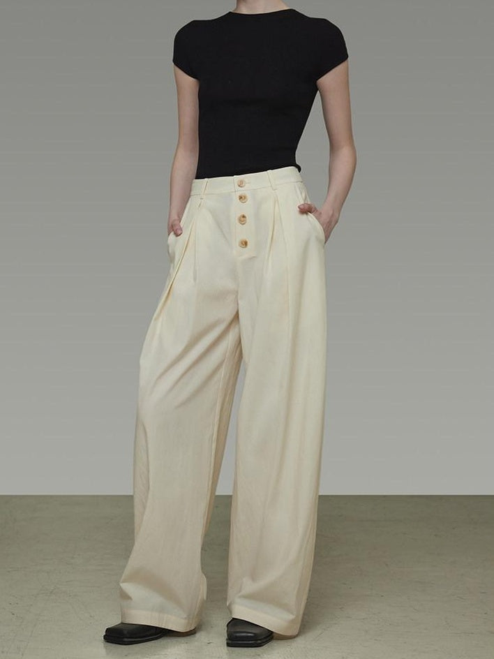 unspoken High Waist Lyocell Blend Pleated Button Minimal Workwear Wide Leg Pants