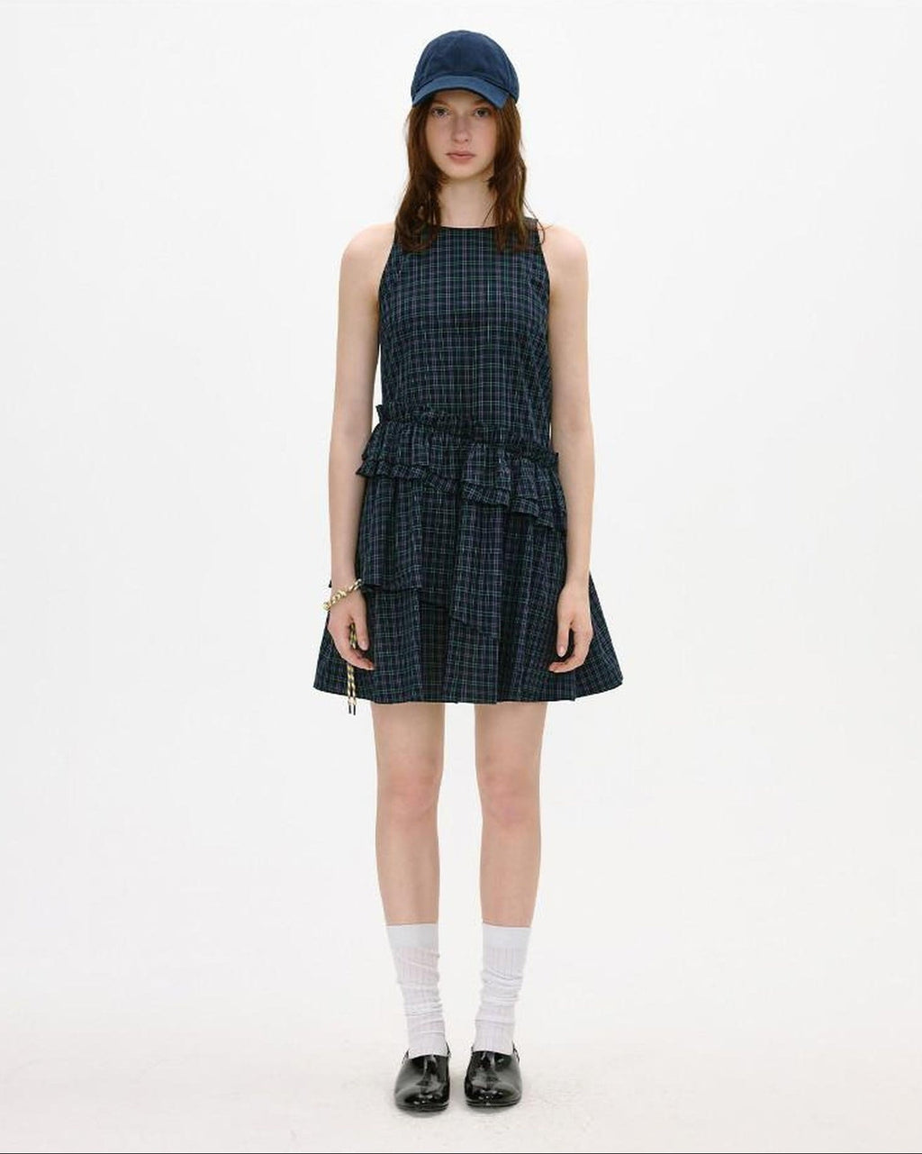 fano Cotton Sleeveless Korean Office A Line Plaid Natural Waist Midi Dresses