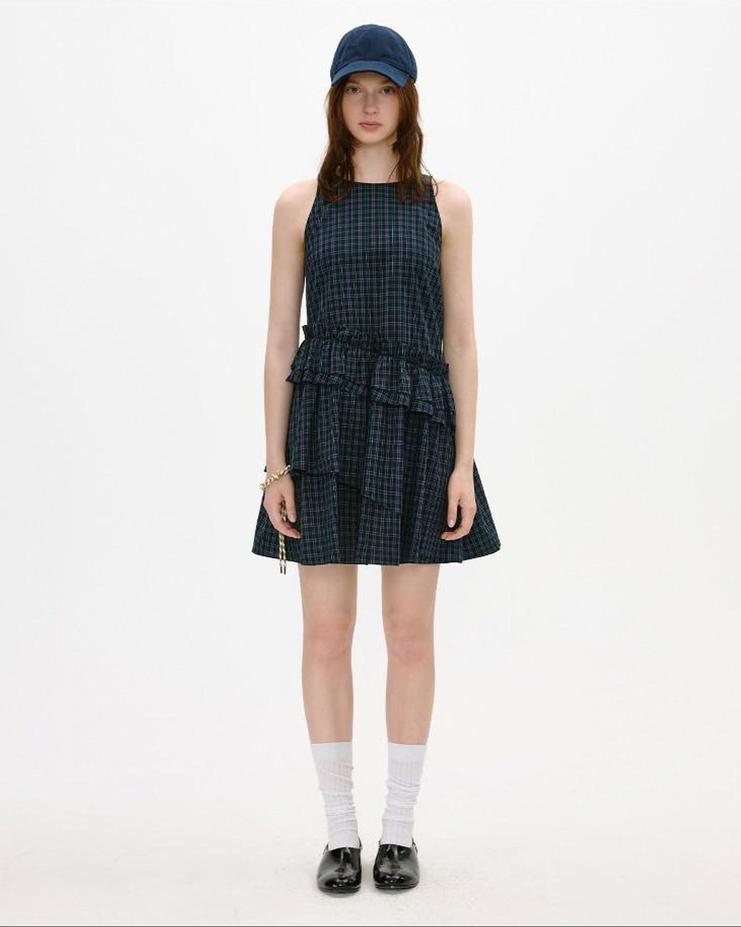 fano Cotton Sleeveless Korean Office A Line Plaid Natural Waist Midi Dresses
