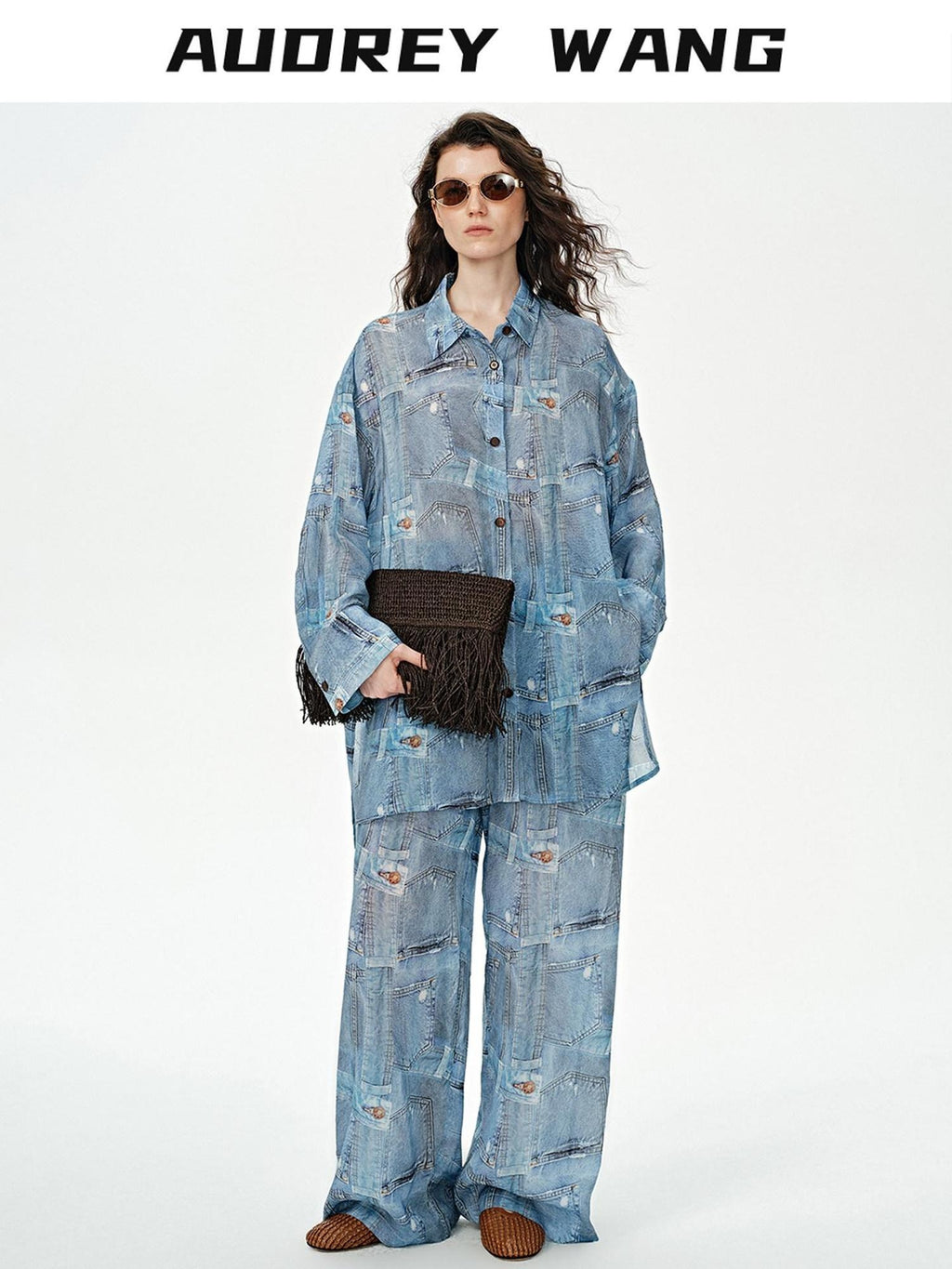 audreyyang Breathable Rayon Loose Fit Lapel Button Floral Denim Top & Pants Sets