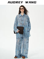 audreyyang Breathable Rayon Loose Fit Lapel Button Floral Denim Top & Pants Sets