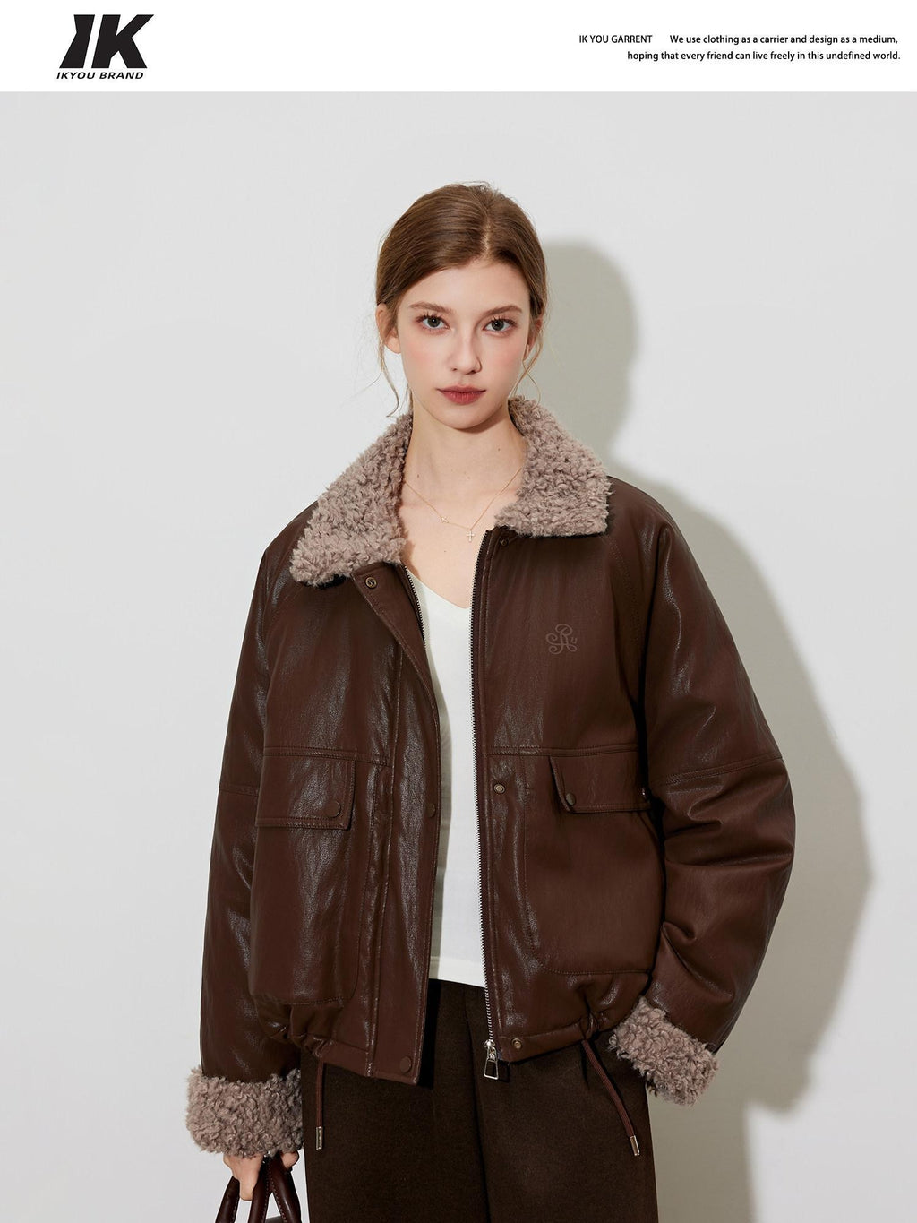 ikyou Thick Pu Leather Embroidered Zip Pocket Oversized Korean Brown Cropped Jackets