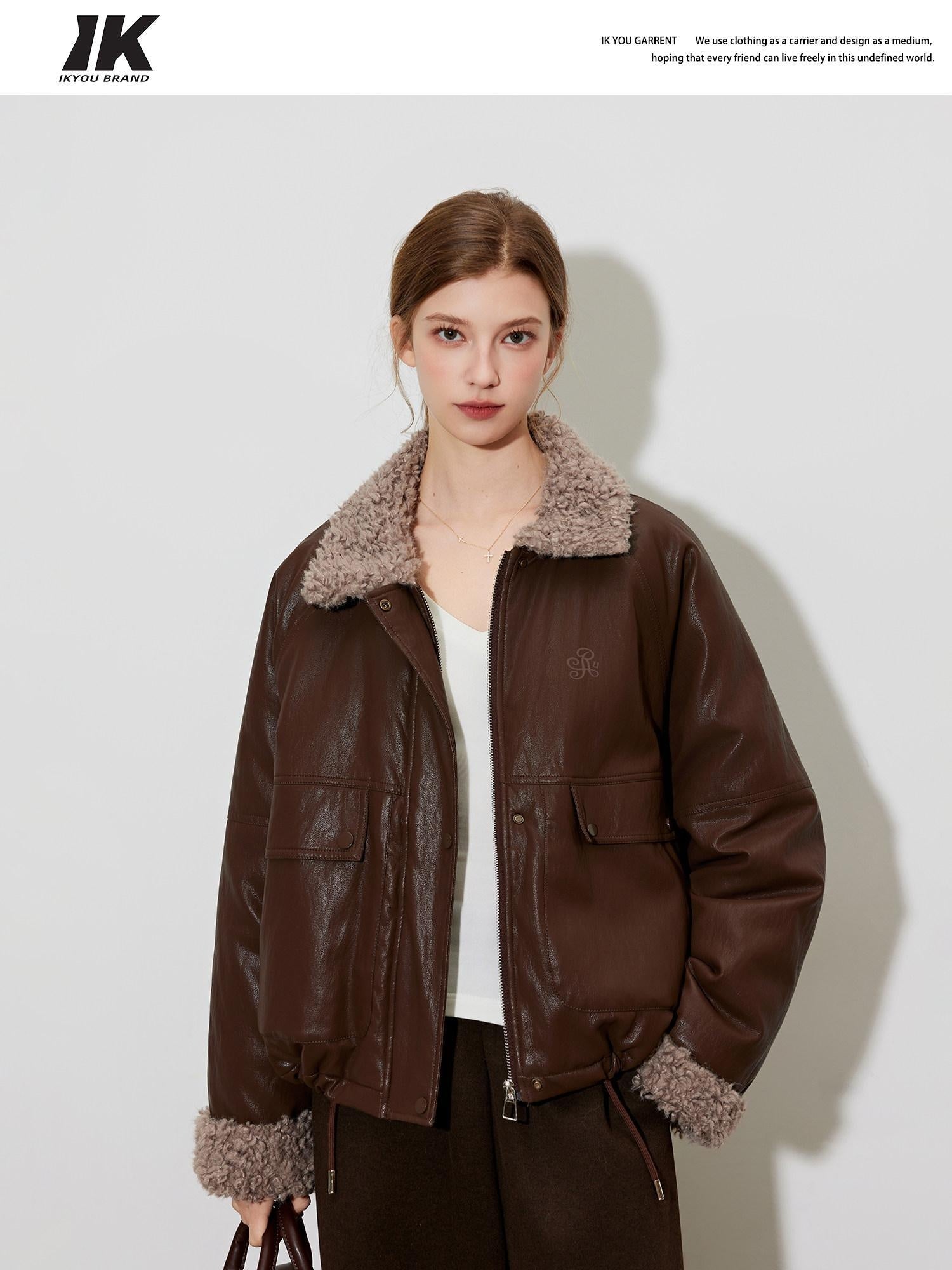 ikyou Thick Pu Leather Embroidered Zip Pocket Oversized Korean Brown Cropped Jackets