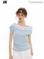 ikyou Wrinkle Free Ruffle Slim Asymmetric Neck Women Solid Blue Short Sleeve T-Shirts