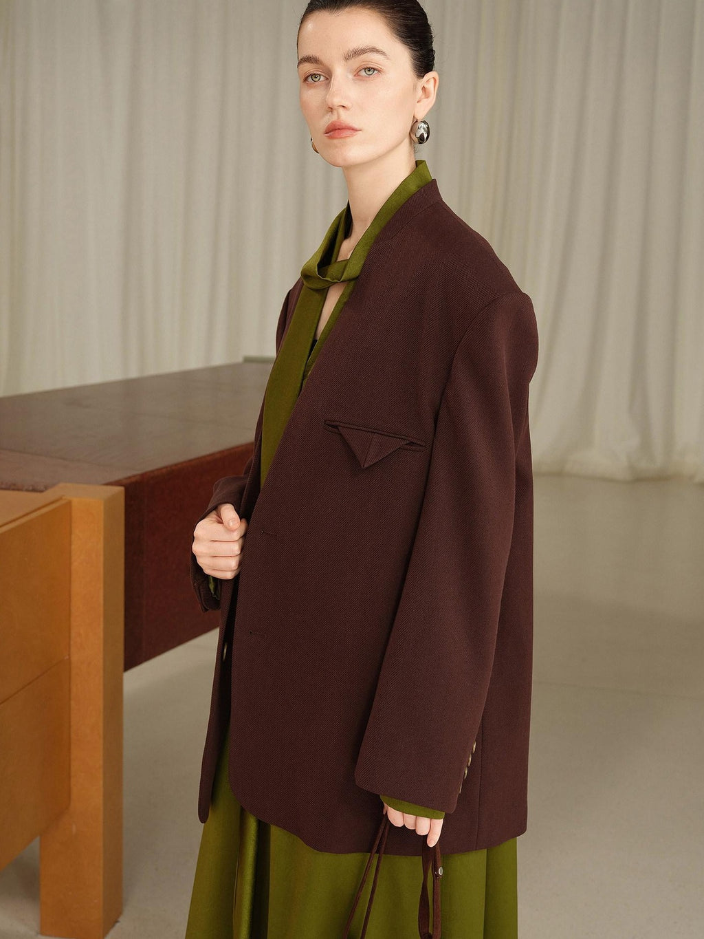 audreyyang Original Loose Fit Herringbone Wool Collarless Open Front Casual Women Blazers