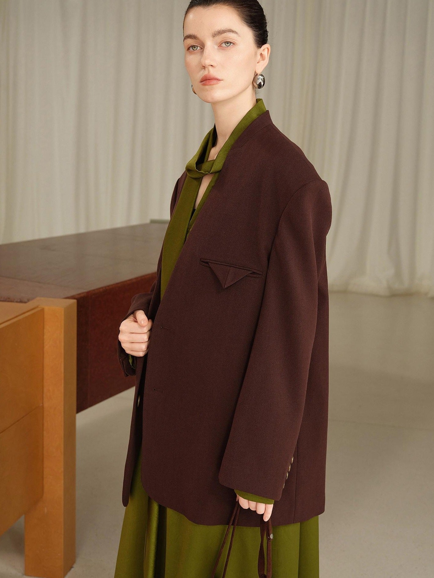 audreyyang Original Loose Fit Herringbone Wool Collarless Open Front Casual Women Blazers
