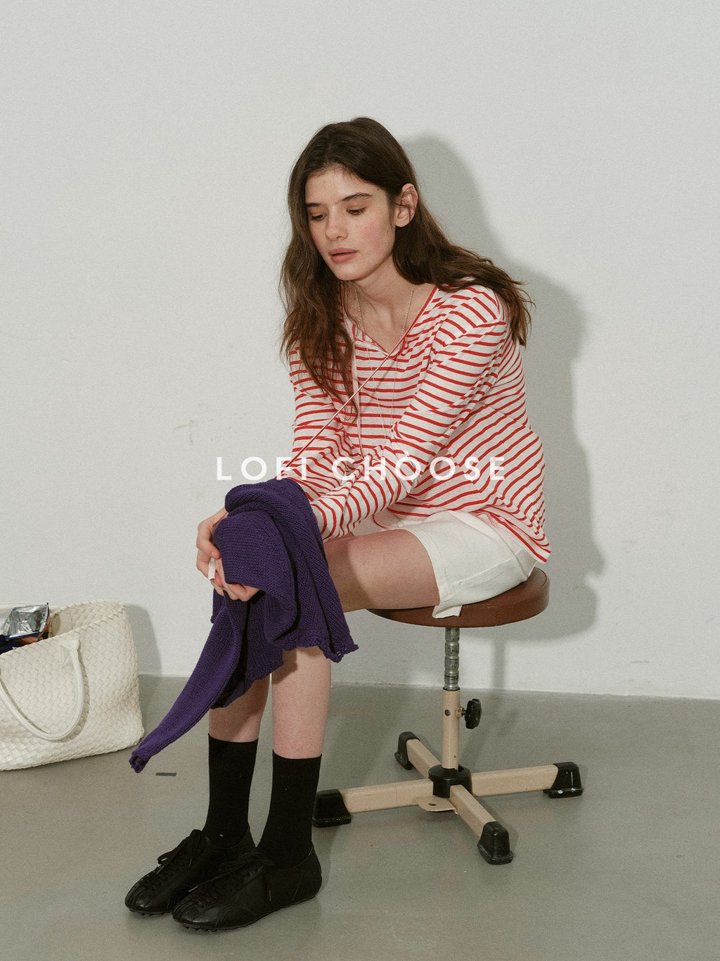 Lofi choose Soft Knit Loose Fit Commuter Women Red White Striped Long Sleeve T-Shirts