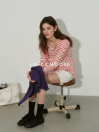 Lofi choose Soft Knit Loose Fit Commuter Women Red White Striped Long Sleeve T-Shirts
