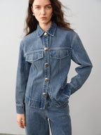 audreyyang 100% Cotton Vintage Loose Fit Button Long Sleeve Denim Women Top & Pants Sets