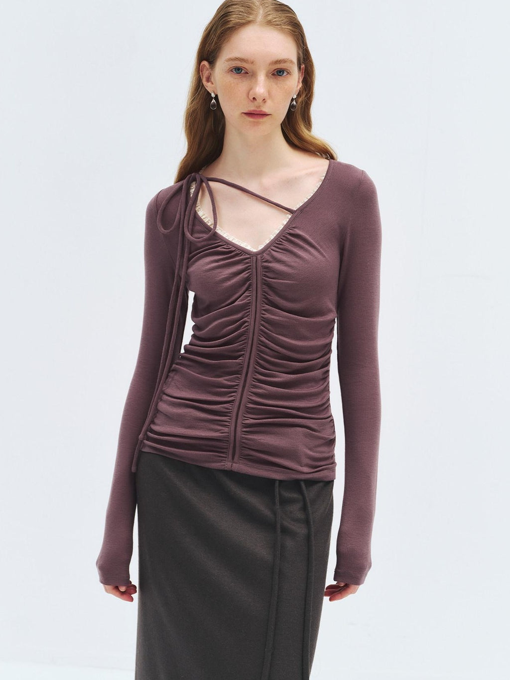 someonesometimes Lyocell Wool Slim Fit V-neck Knit Women Fig Purple Long Sleeve T-Shirts