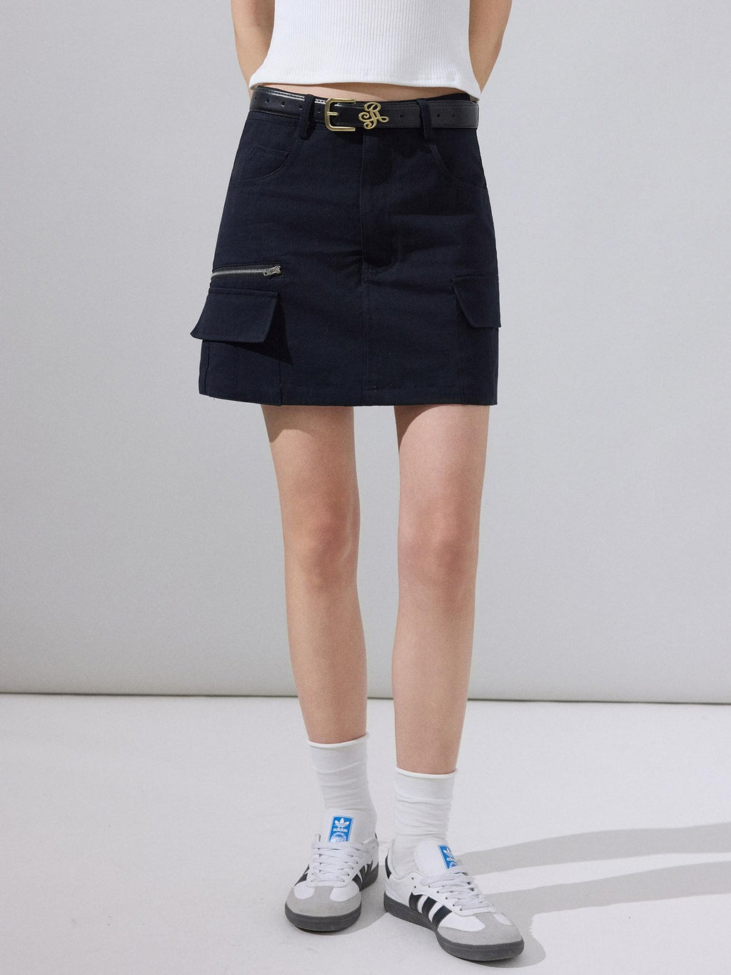 ikyou Breathable Lined High Waisted A Line Pockets Front Zip Black Cotton Mini Skirts