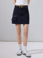 ikyou Breathable Lined High Waisted A Line Pockets Front Zip Black Cotton Mini Skirts