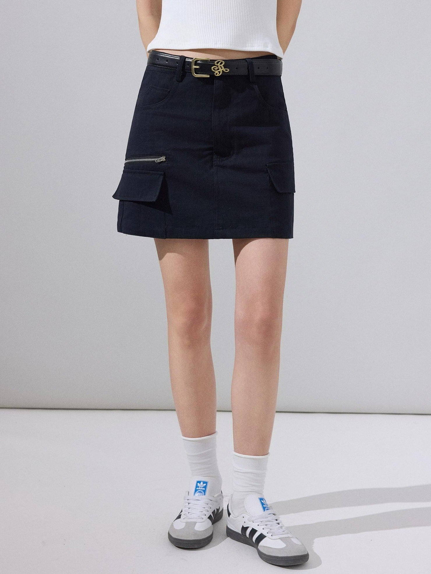 ikyou Breathable Lined High Waisted A Line Pockets Front Zip Black Cotton Mini Skirts