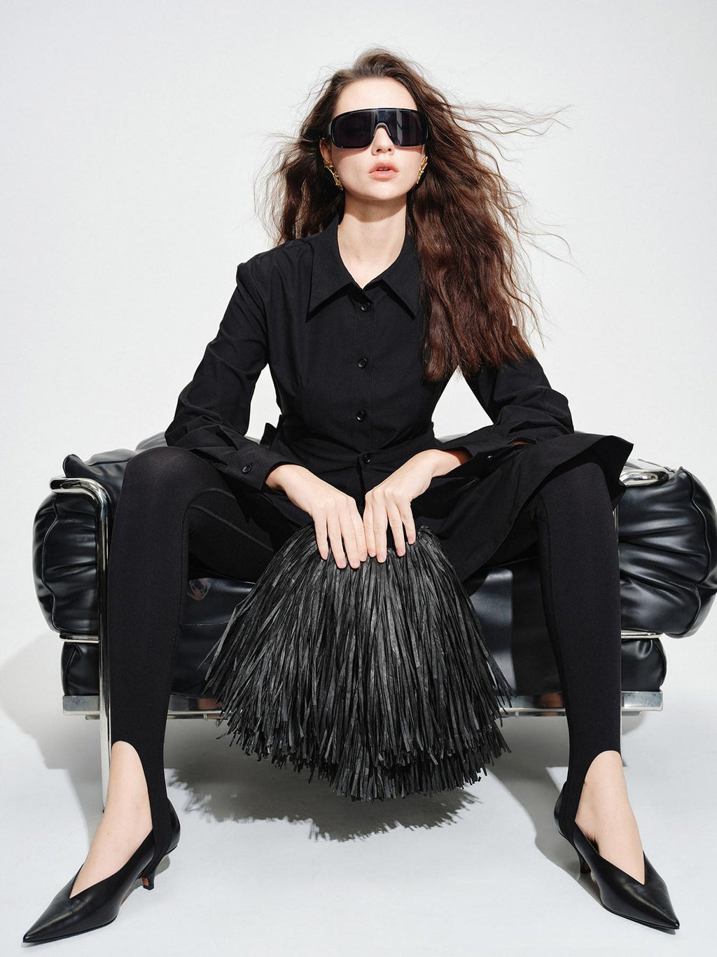 audreyyang Vintage Loose Square Neck Long Sleeve Midi Cardigan Black Polyester Blouses