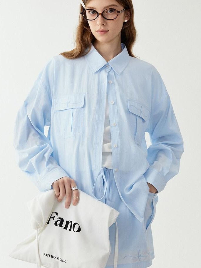 fano Breathable Lyocell Korean Oversized Collared Long Sleeve Women Blue Shirts