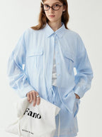 fano Breathable Lyocell Korean Oversized Collared Long Sleeve Women Blue Shirts