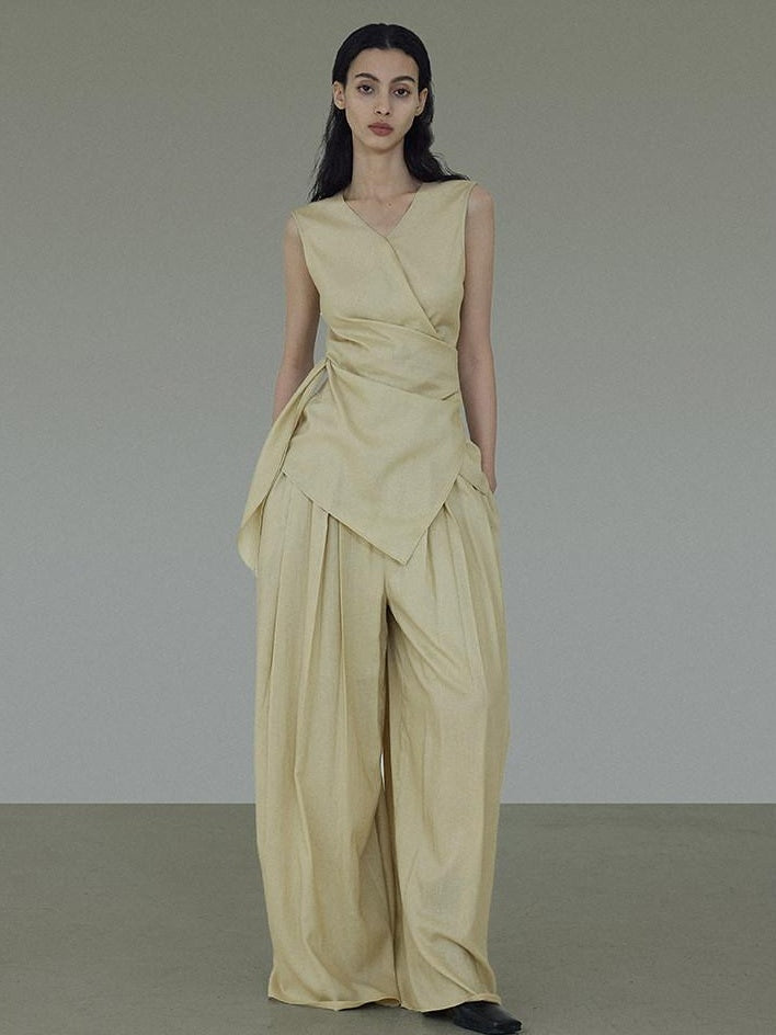 unspoken V-neck Khaki Two Piece Slim Fit Casual Office Women Long Pants Top & Pants Sets