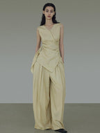 unspoken V-neck Khaki Two Piece Slim Fit Casual Office Women Long Pants Top & Pants Sets