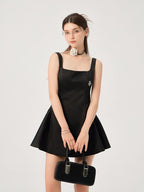 ikyou Waist Cinch Casual A Line Square Neck Sleeveless Black Midi Dresses