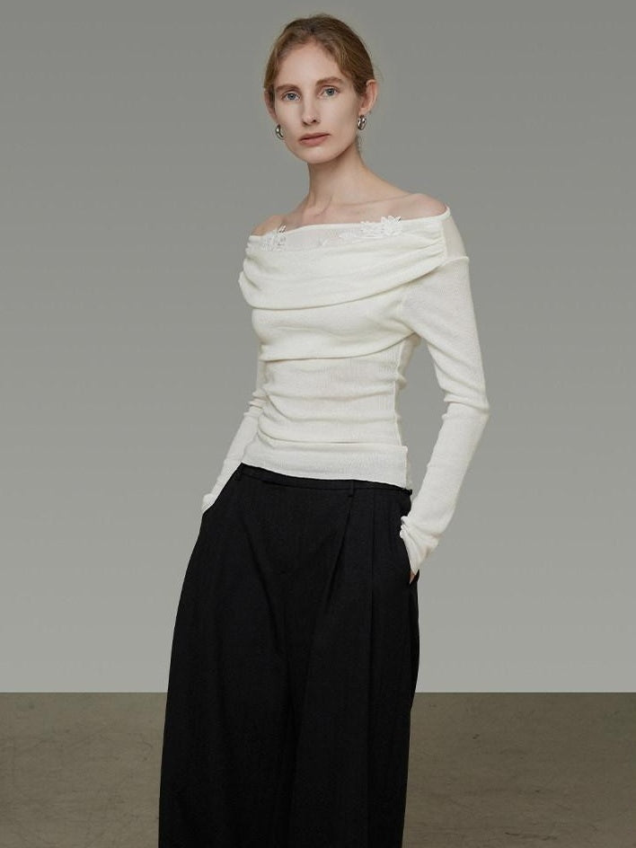 unspoken Soft Breathable Knit One Shoulder Slim Fit Office White Long Sleeve Blouses
