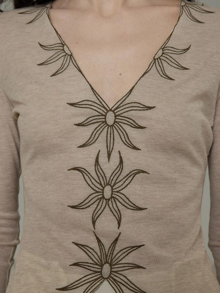 unspoken Embroidered Floral V-neck Slim Fit Bell Sleeve Casual Women Polyester Blouses