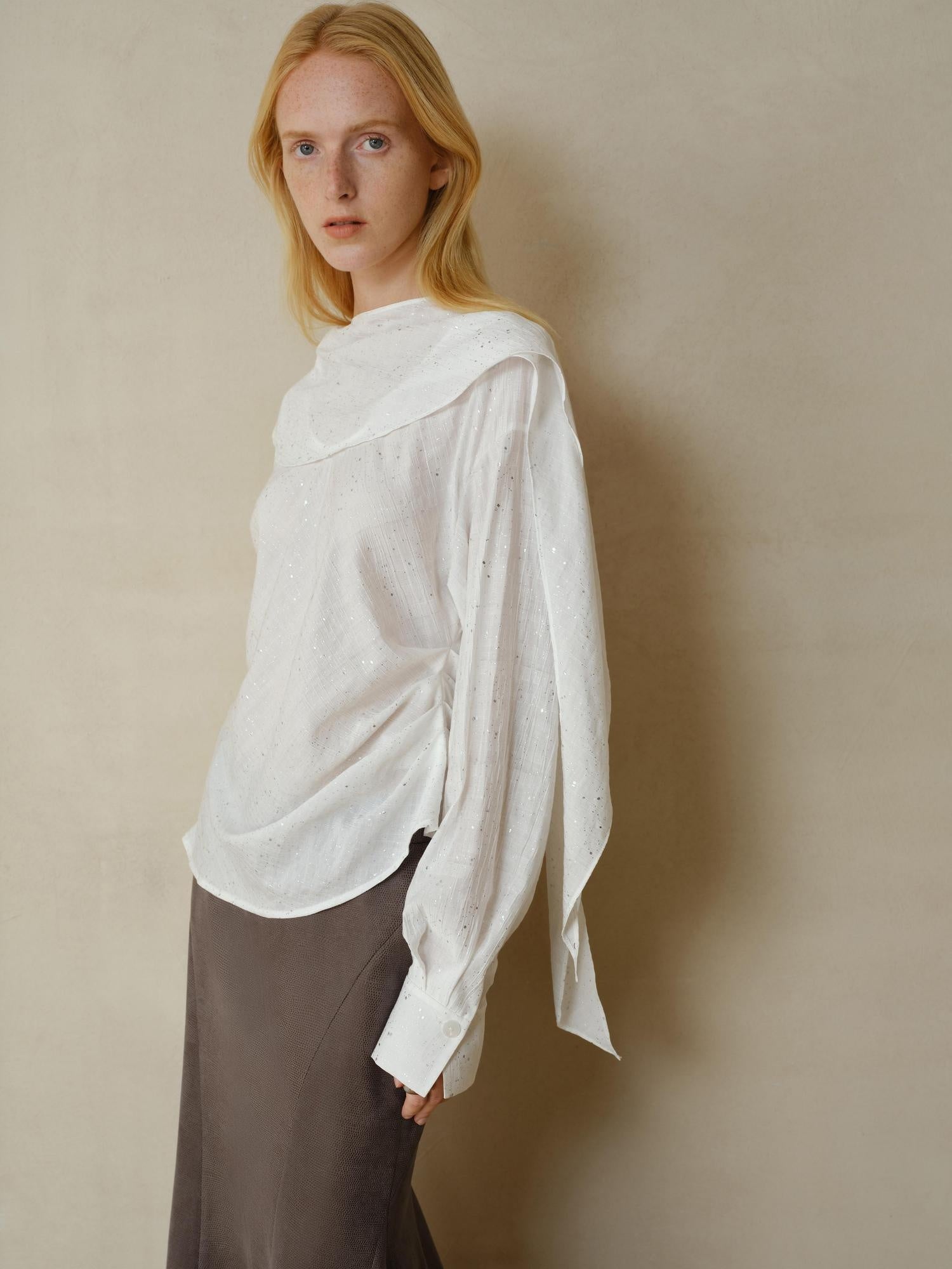 someonesometimes Cooling French Loose Round Neck Sparkle White Nylon Long Sleeve Blouses