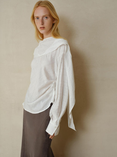 someonesometimes Cooling French Loose Round Neck Sparkle White Nylon Long Sleeve Blouses