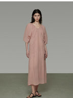 unspoken Breathable Linen Lyocell Blend Minimal A Line V-neck Pleated Women Maxi Dresses