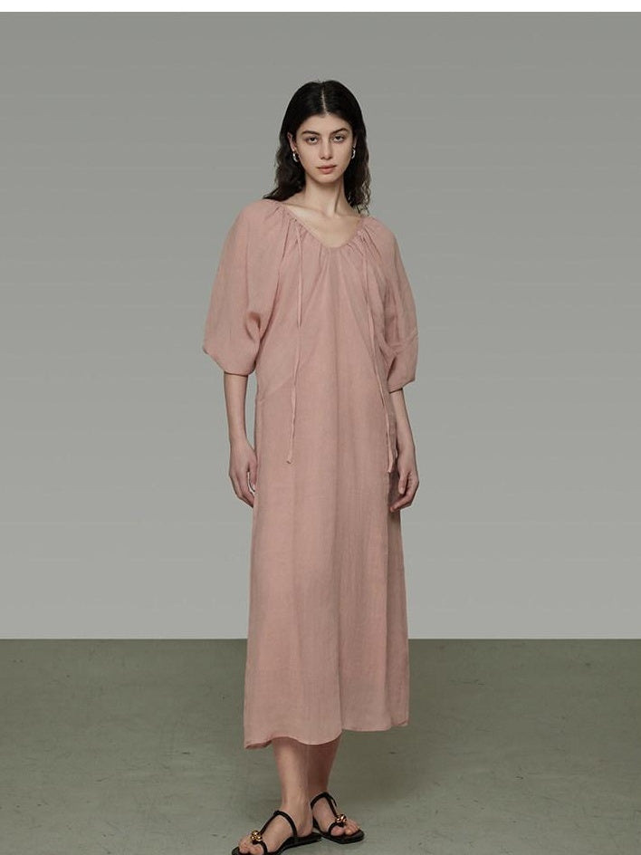 unspoken Breathable Linen Lyocell Blend Minimal A Line V-neck Pleated Women Maxi Dresses
