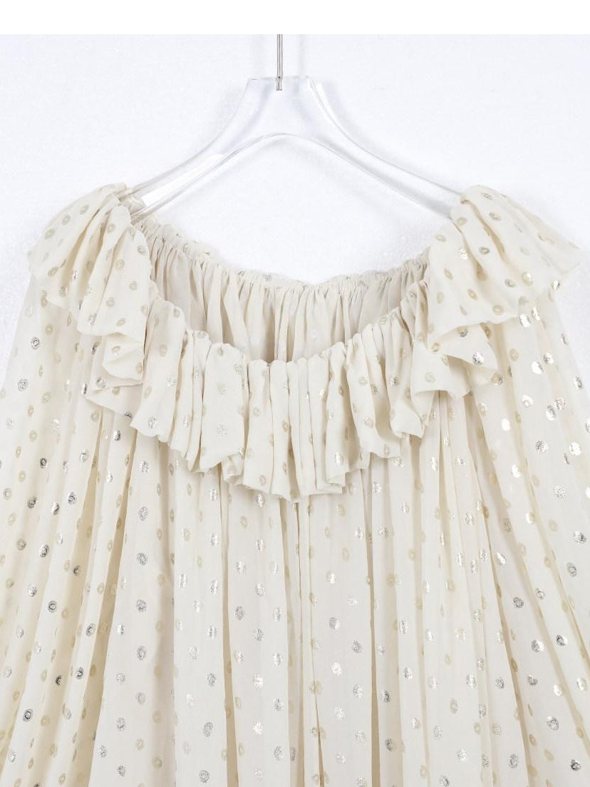 audreyyang Chiffon Polka Dot Loose Ruffle Collar Puff Sleeve Women Casual Midi Dresses