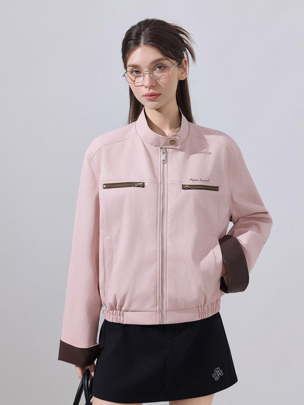 ikyou Colorblock Zip Stand Collar Stretch Cotton Casual Women Cropped Jackets
