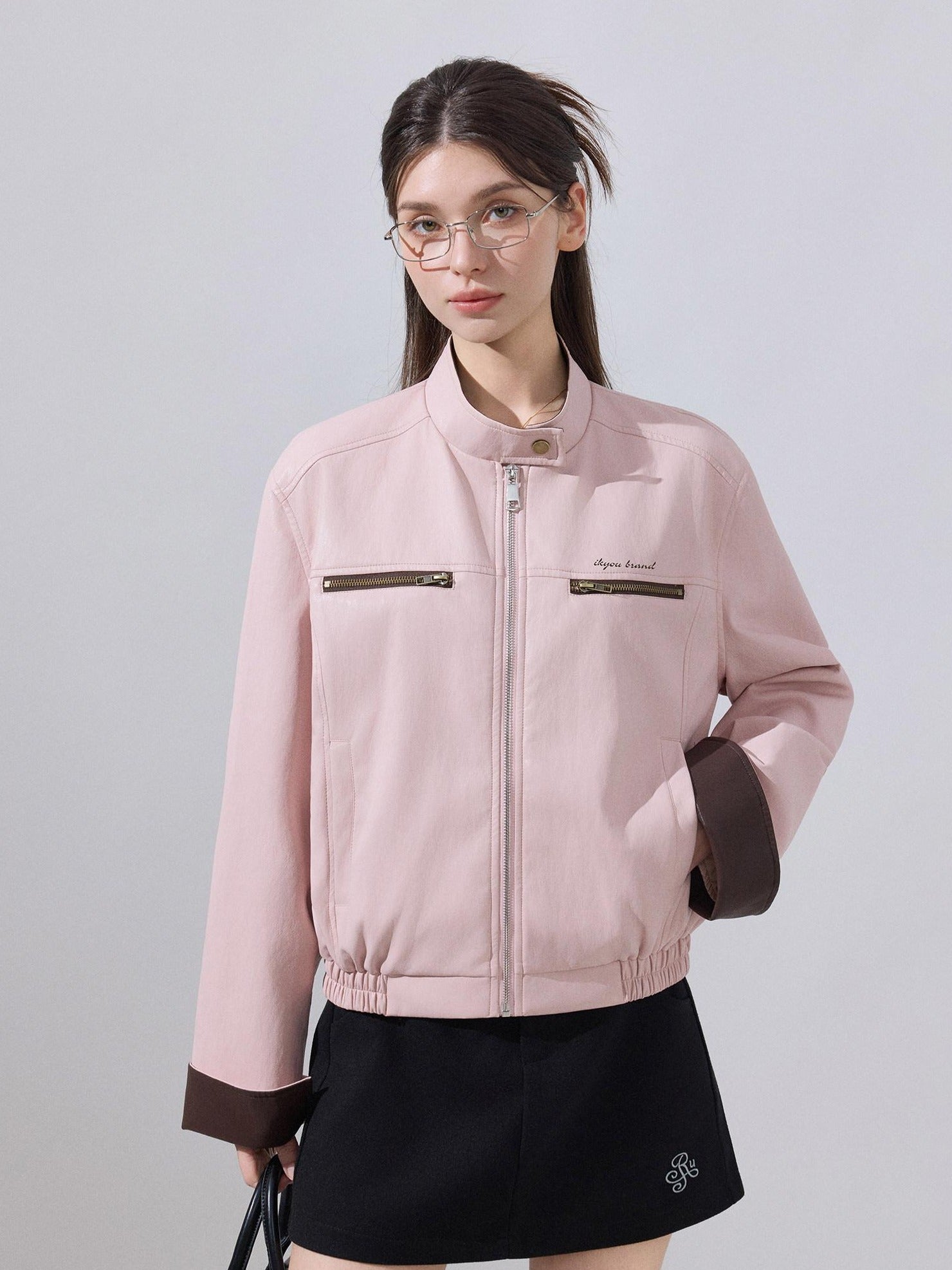 ikyou Colorblock Zip Stand Collar Stretch Cotton Casual Women Cropped Jackets