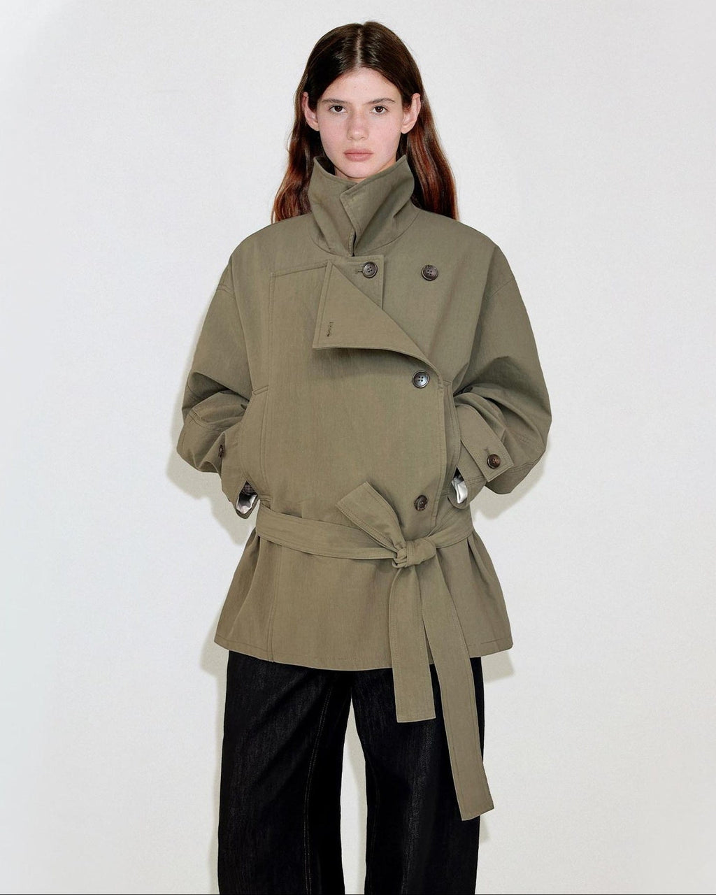 Double Breasted Khaki Korean Commuter Loose Mid Length Cotton Trench Coats