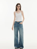 ikyou Washed Distressed Loose Casual Natural Waist Denim Blue Everyday Wide Leg Jeans