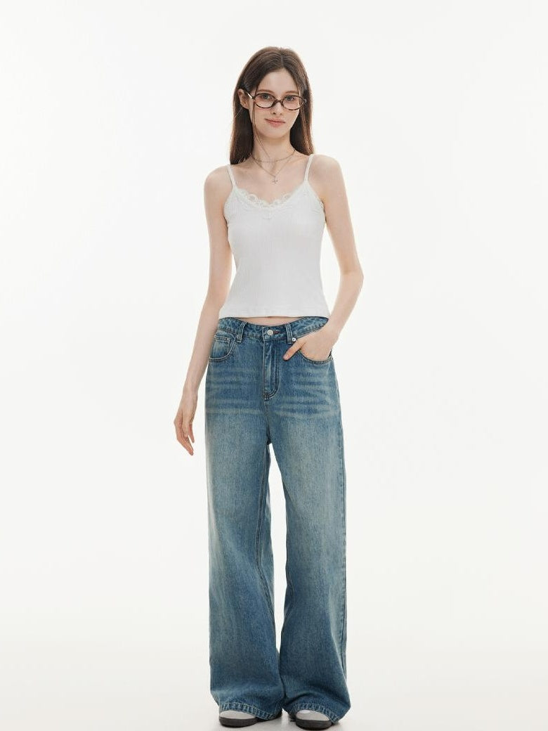 ikyou Washed Distressed Loose Casual Natural Waist Denim Blue Everyday Wide Leg Jeans
