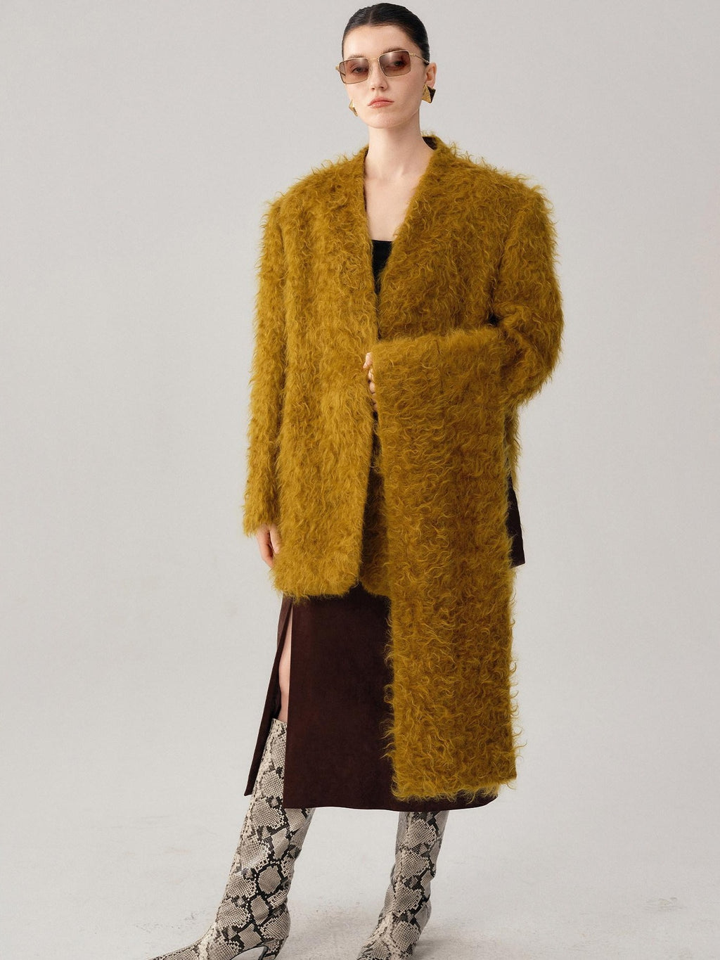 audreyyang Thick Mohair Blend Commuter V-neck For Women Solid Mustard And Grape Wool Coats