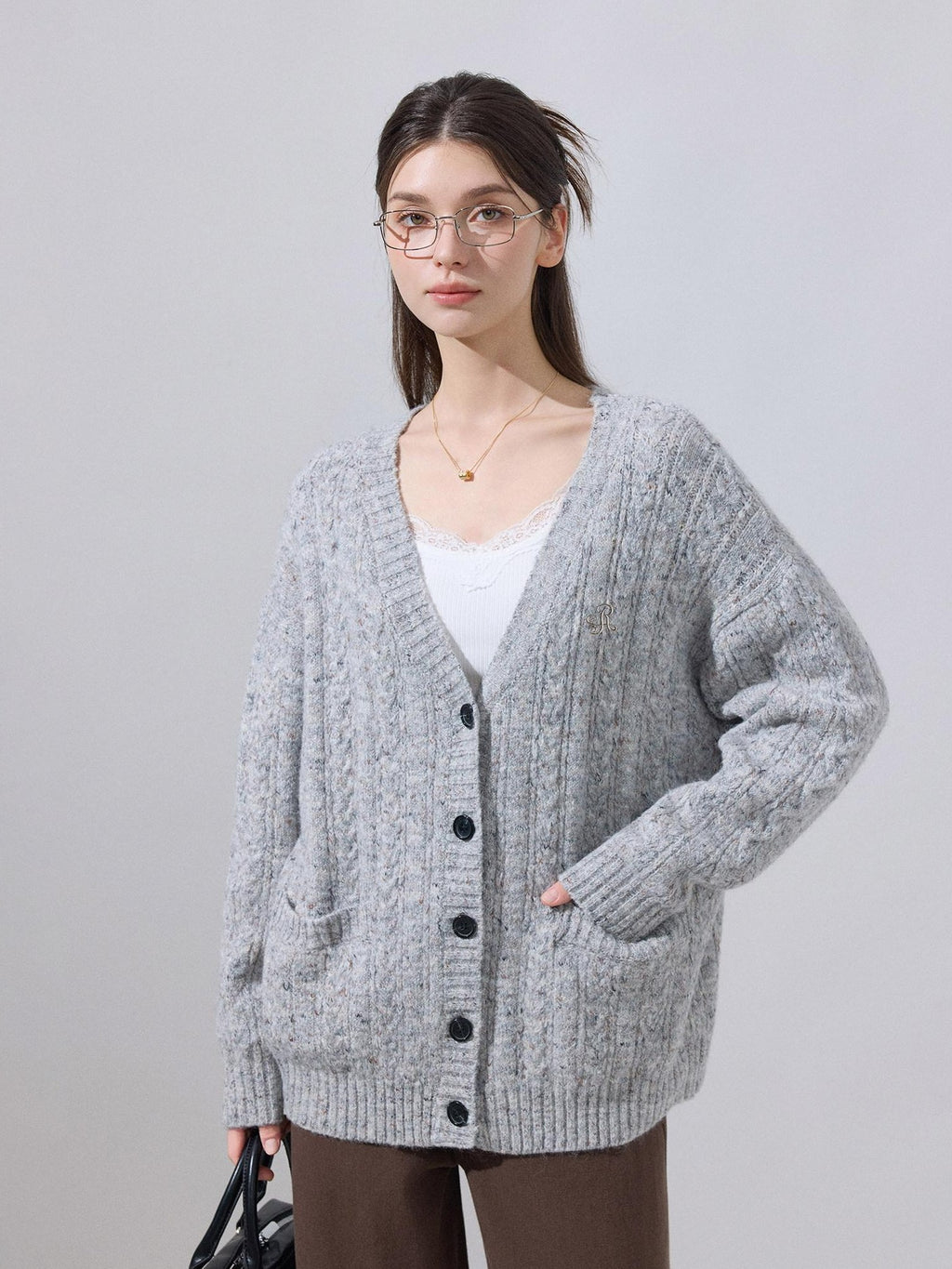 ikyou Soft Breathable Slouchy Loose V-neck Long Sleeve Gray Knit Casual Women Cardigans