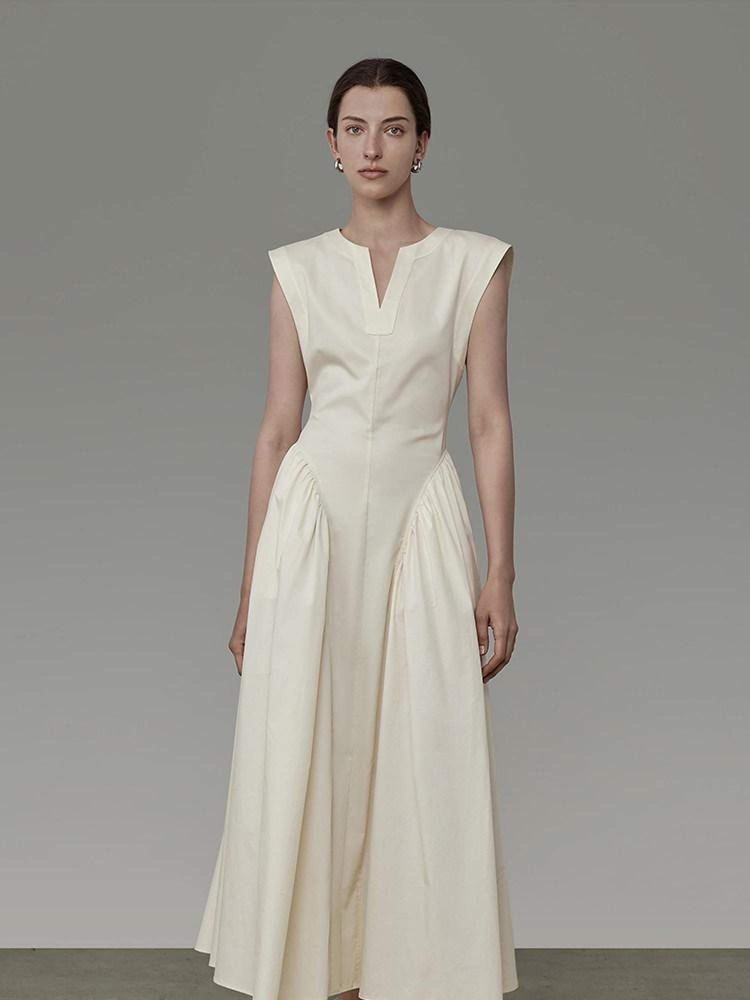 unspoken High Waist Colorblock V-neck Sleeveless Workwear A Line Cotton Maxi Dresses