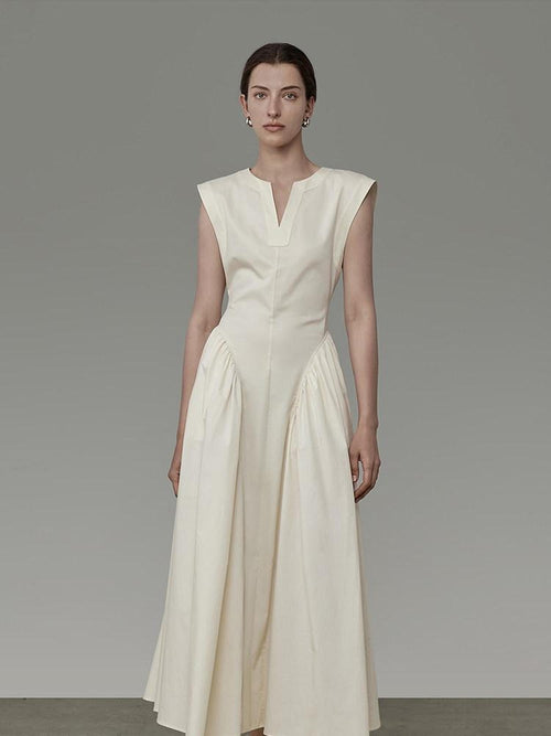 unspoken High Waist Colorblock V-neck Sleeveless Workwear A Line Cotton Maxi Dresses