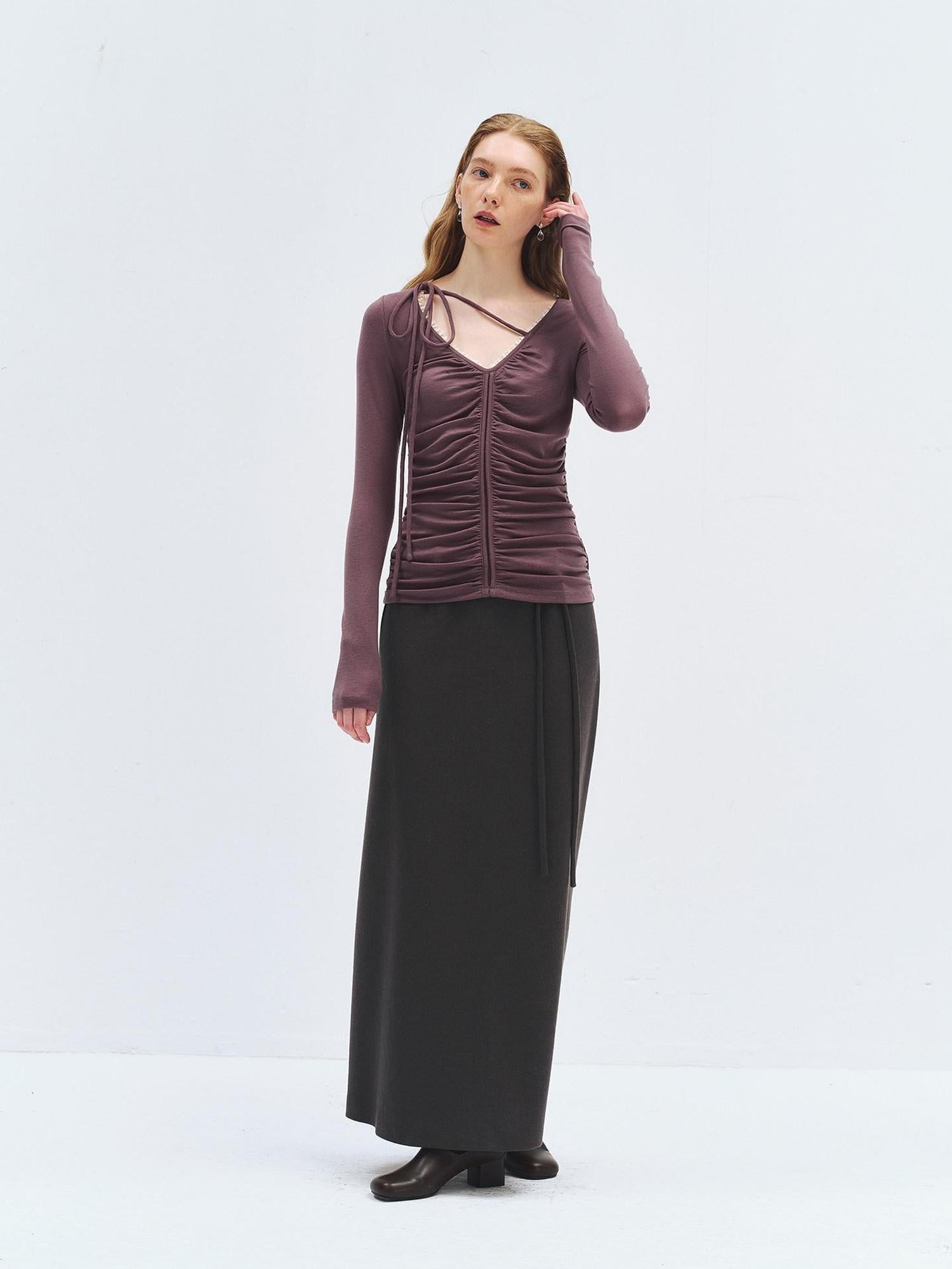 someonesometimes Lyocell Wool Slim Fit V-neck Knit Women Fig Purple Long Sleeve T-Shirts
