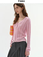 fano Soft Bubblegum Pink Slim Korean V-neck Long Sleeve Women Acrylic Sweaters