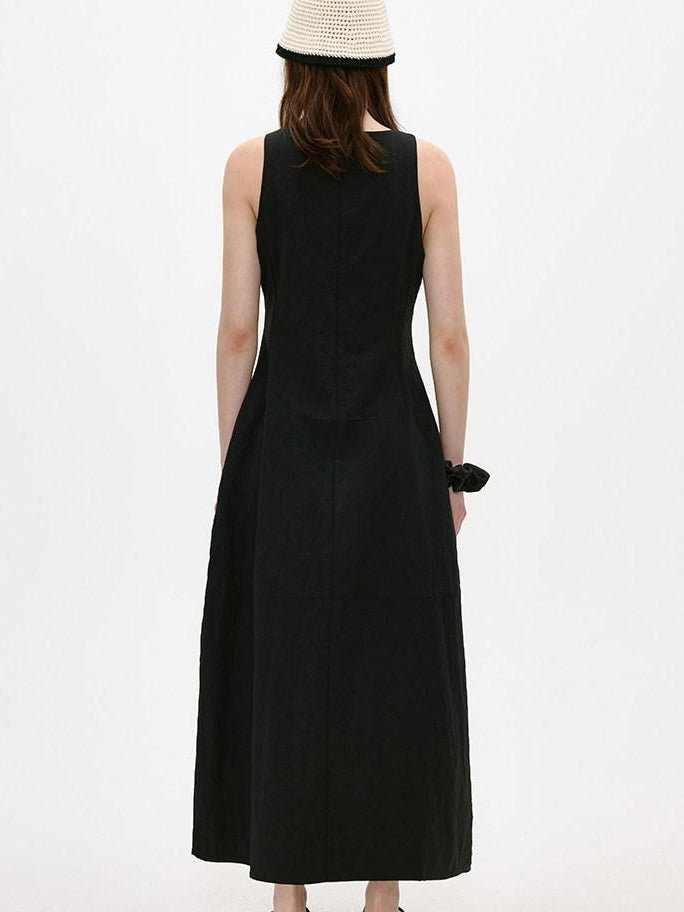 fano Breathable Cotton Blend Sleeveless A Line Korean Workwear Black Maxi Dresses