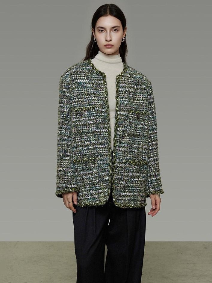 unspoken Lambswool Blend Structured Commuter Round Neck Relaxed Green Wool Coats