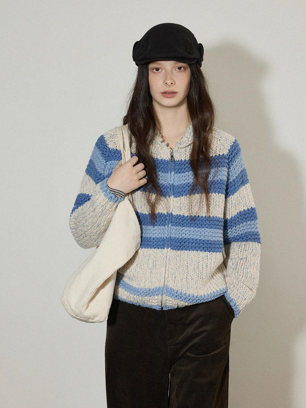 Lofi choose Acrylic Wool Blend Colorblock Striped Lapel Loose Fit Women Zip Front Cardigans