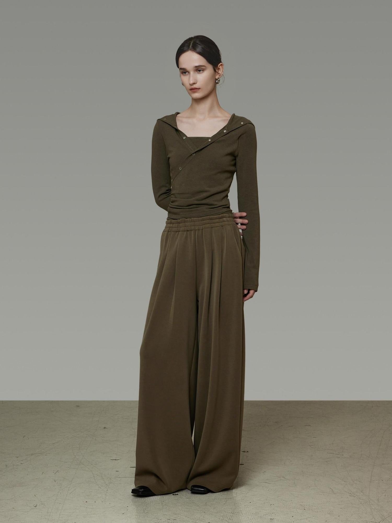 unspoken High Waist Breathable Tailored Loose Solid Brown Green Women Wide Leg Pants