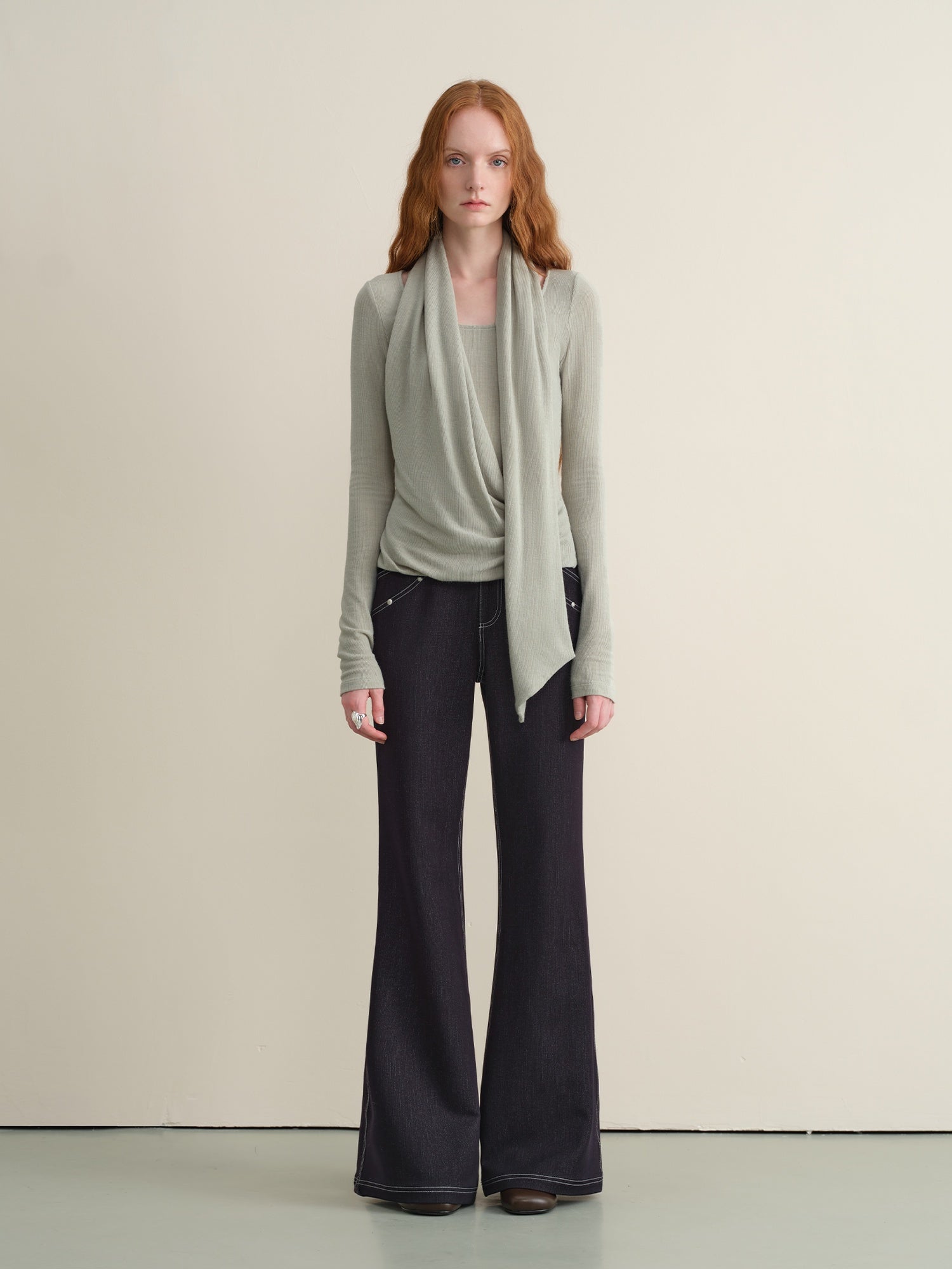 someone sometimes Stretch Minimal Natural Waist Topstitch Detail Women Midnight Blue Flared Jeans