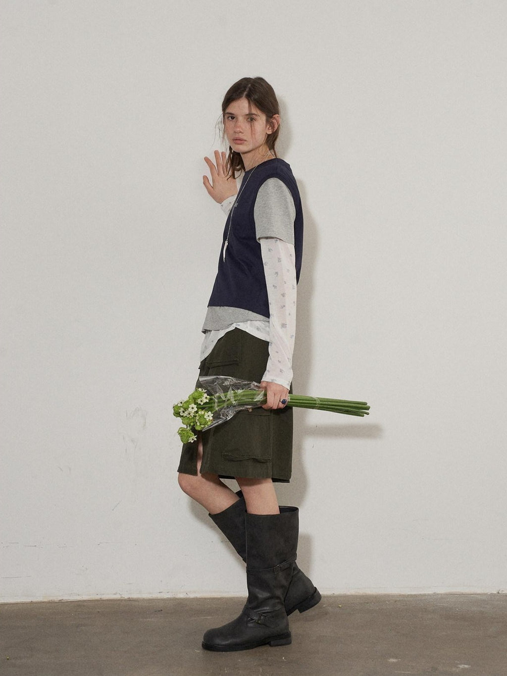 Lofi choose High Waist Cotton Slit H Line Loose Office Women Seaweed Green Midi Skirts