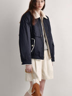 fano Patchwork Cozy Relaxed Loose Fit Commuter Navy Zipper Long Sleeve Puffer Jackets