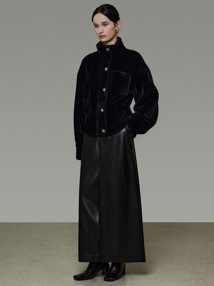 unspoken High Waist Textured H Line Straight Minimalist Workwear Black Midi Skirts