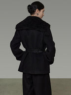 unspoken Fur Collar Thick Mid Length Loose Fit Minimalist Commuter Black Wool Long Coats